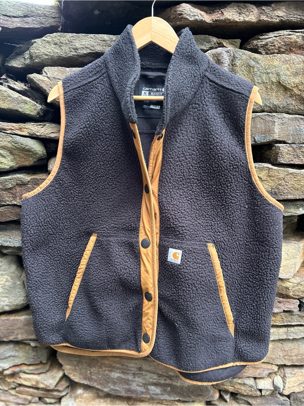 Carhartt Black Sherpa Vest with Tan Trim Accents